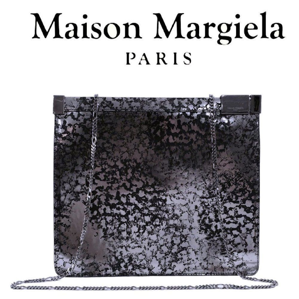 MAISON MARTIN MARGIELA Silver & Black Metallic Printed Handbag Large Clutch